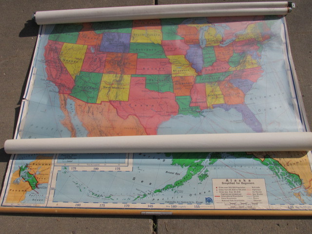 lot 217 image: Large Vintage Pull Down United States & Alaska School Map