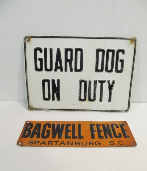 lot 151 image: 2 Vintage Embossed Tin Fence Signs