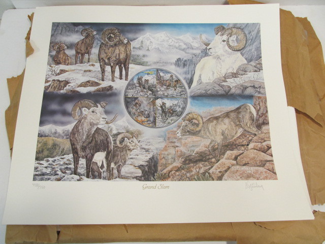 lot 153 image: LARGE Stack of Signed & Numbered Western Big Horn Sheep Hunting Grand Slam Prints by A. Steinberg