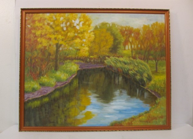 lot 157 image: Large Contemporary Framed Signed Oil on Canvas River Scene Landscape Painting