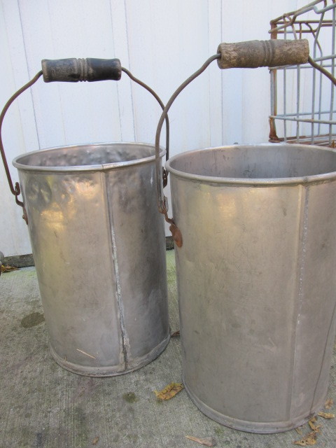 lot 222 image: Group of Old Vintage Farm Dairy Crates Wood handled Buckets etc