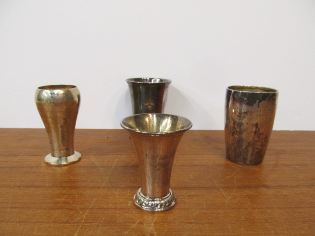 lot 234 image: Group of 4 Old Vintage Scandinavian etc Sterling Silver etc Award Cups wInscriptions