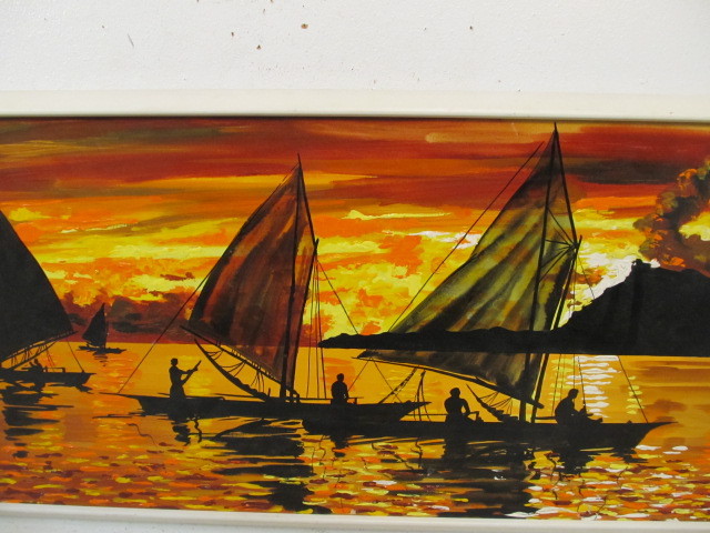 lot 243 image: Long Vintage Framed Signed Mid Century Oil on Canvas Sunset on the Water Scene Painting