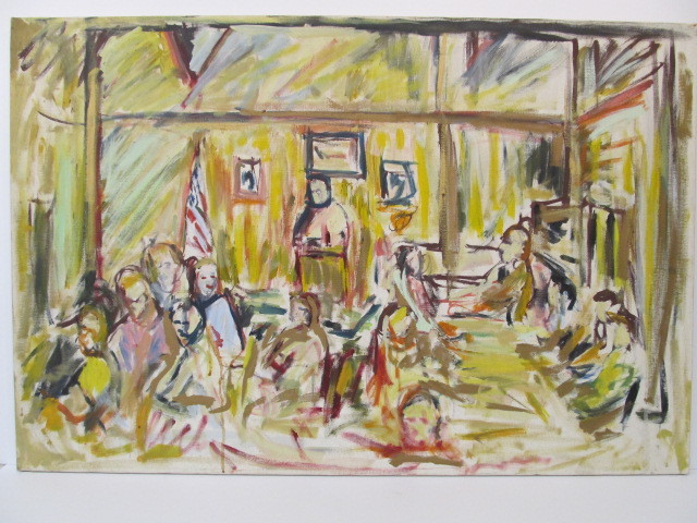lot 245 image: Interior Courtroom or Political Meeting Oil on Canvas Painting