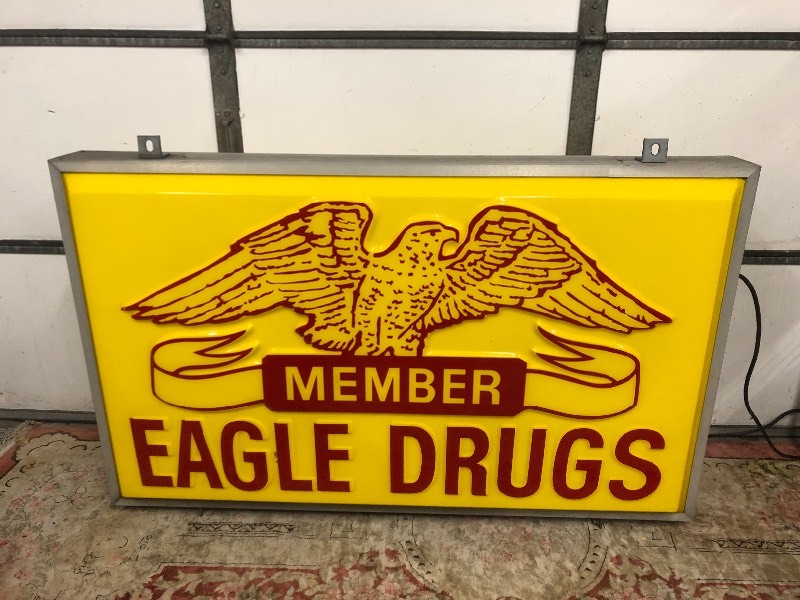 lot 6 image: NICE Double Sided Vintage Lighted EAGLE DRUGS Pharmacy Advertising Sign
