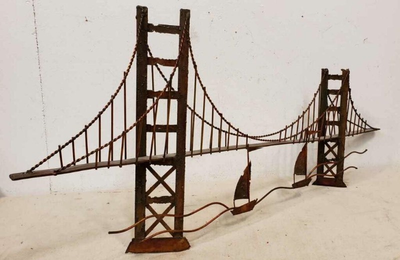 lot 7 image: Vintage Mid Century 3-D Brass 35 Bridge wSailboats - Wall Sculpture 