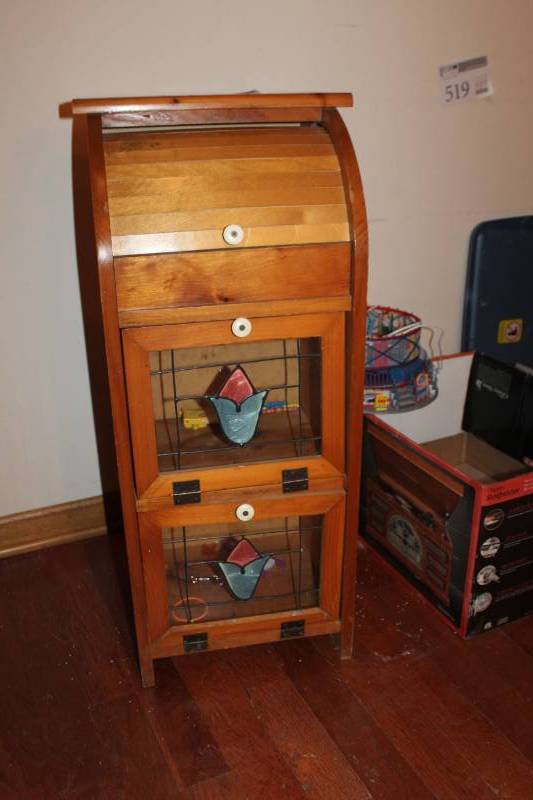 lot 413 image: Roll-Top Wood Side Table with Stained Glass Storage Doors