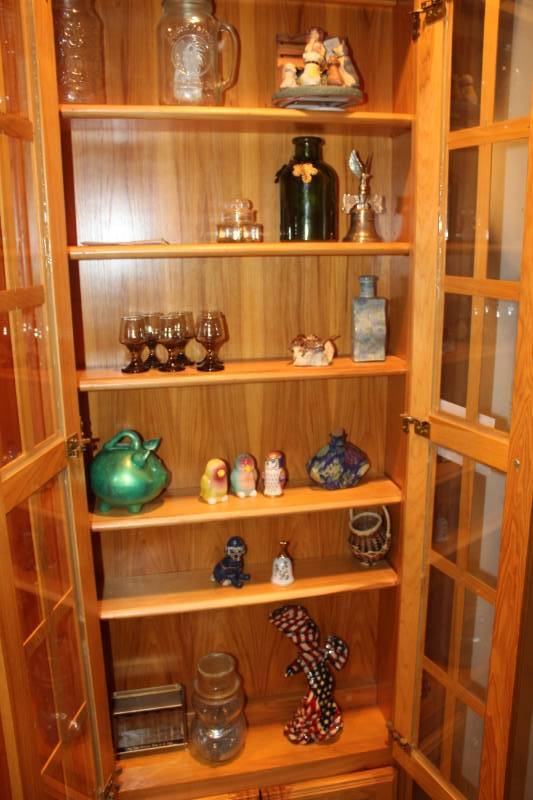 lot 428 image: Table Dcor - Purple Stem Water Glasses, Blue Bottle, Vases, Dog Sitting $.25, Green Pig, Birds, Coin Counter