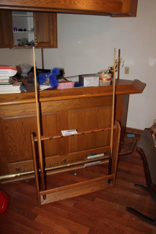 lot 459 image: 8-Slot Wood Pool Stick Rack with 2-Pool Sticks