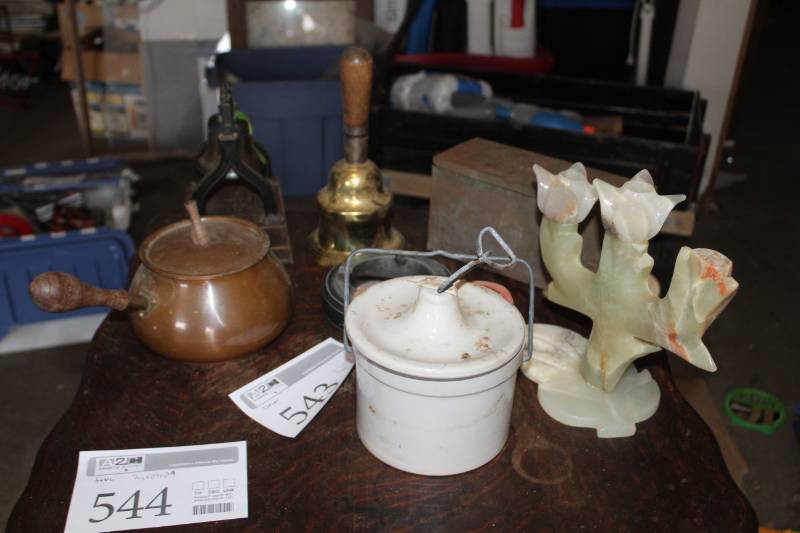 lot 543 image: Table Dcor - Pots, Candeholder, Bell, Liberty Bell Replica, Ashtray, And More