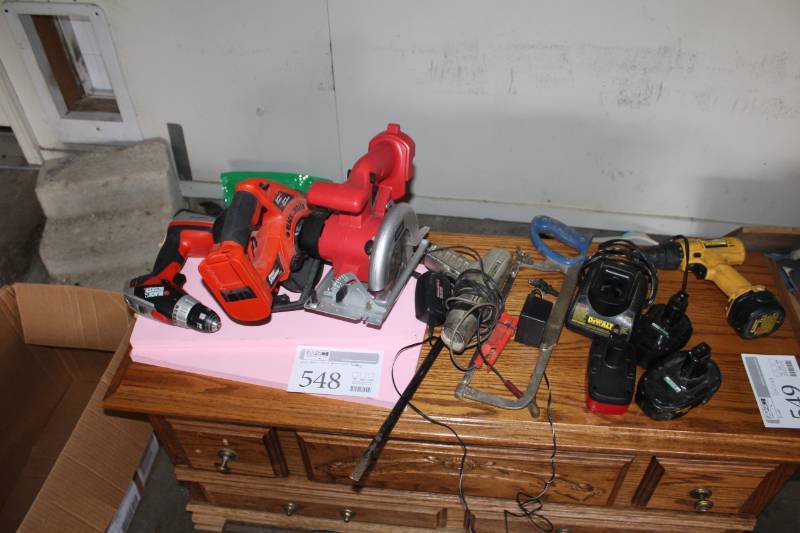 lot 548 image: Black & Decker Cordless Power Tools - Drill, Circular Saw, Timing Light, Hacksaw, Batteries and Chargers