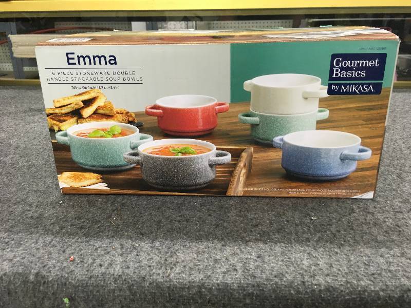 lot 266 image: Gourmet Basics Emma 6 Pc. Stoneware Double Handle Stackable Soup Bowls, Retail $14.99