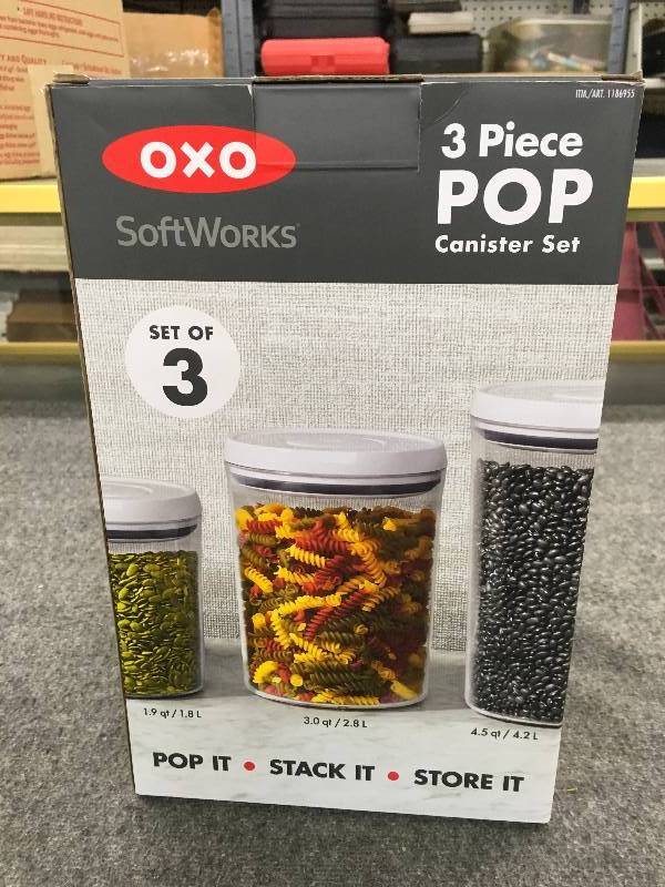 lot 267 image: Oxo Soft Works 3 PC. Pop Canister Set, Retail $19.99