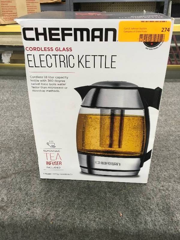 lot 274 image: Chefman Cordless Electric Kettle, Retail $29.99