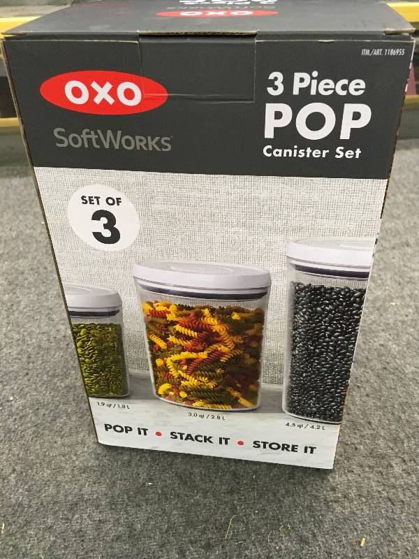 lot 292 image: Oxo Soft Works 3 PC. Pop Canister Set, Retail $19.99