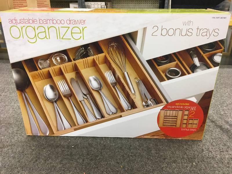 lot 300 image: Adjustable Bamboo Drawer Organizer, Retail $24.99