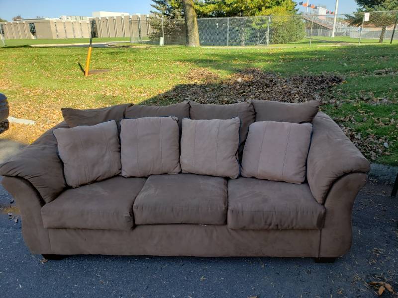 Beige Ultra Suede Sofa With 4-Leather Pillows