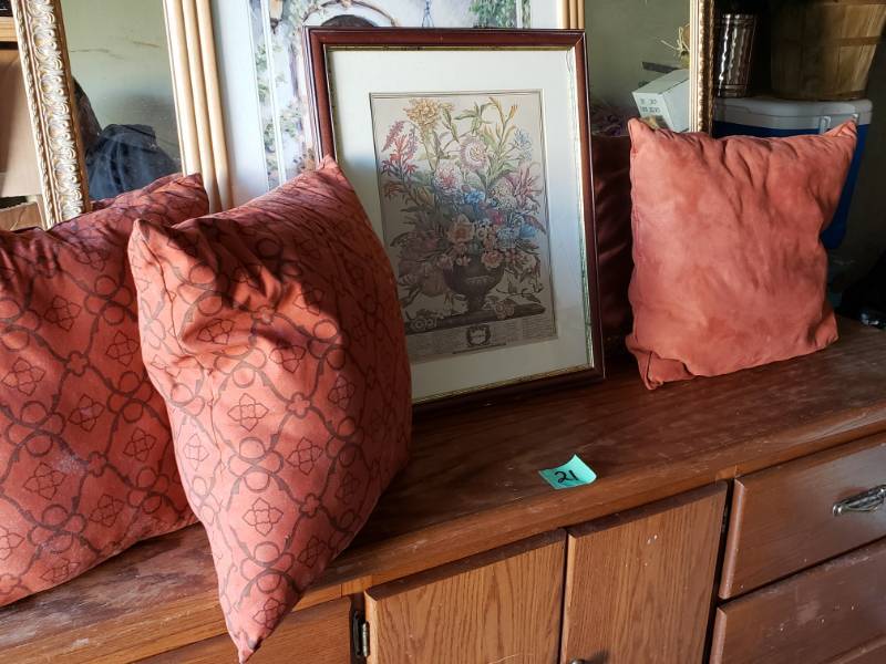 September Floral Framed Picture, 3-Decorative Throw Pillows