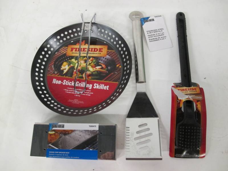 Grill Bundle  - Non-Stick Grilling Skillet, 4-1 Spatula, Wood Chip Smoker Box, and Grill Brush with Scraper