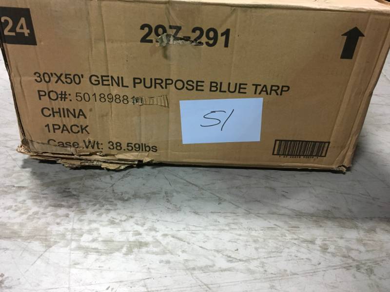 lot 51 image: Everbilt 30 x 50 Tarp 5 Mil 1500 SQ FT Aluminum Grommets Blue HD, 30 x 50- not used