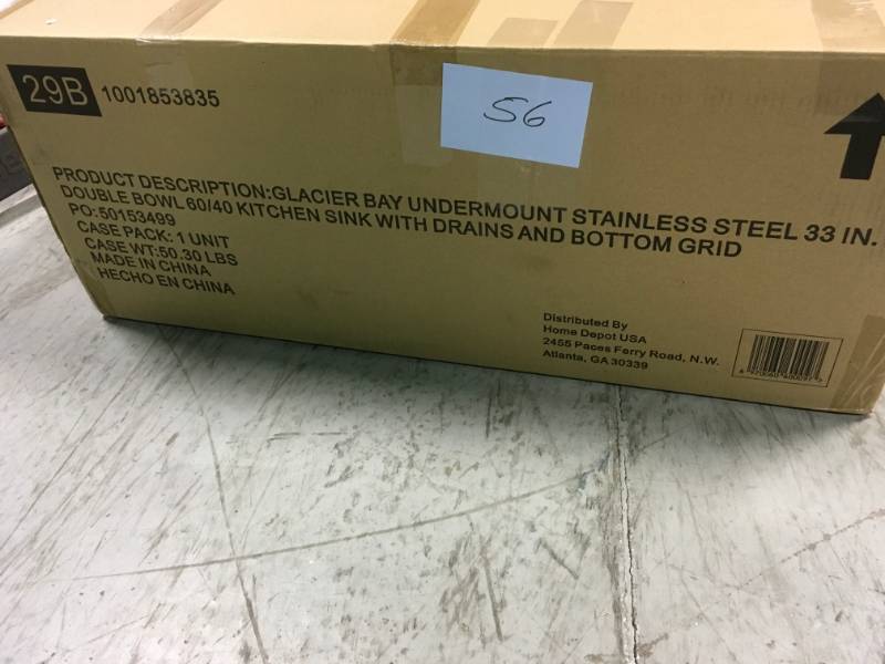 lot 56 image: Glacier Bay Undermount Stainless Steel 33 in. Double Bowl 6040 Kitchen Sink Kit in Satin- not used