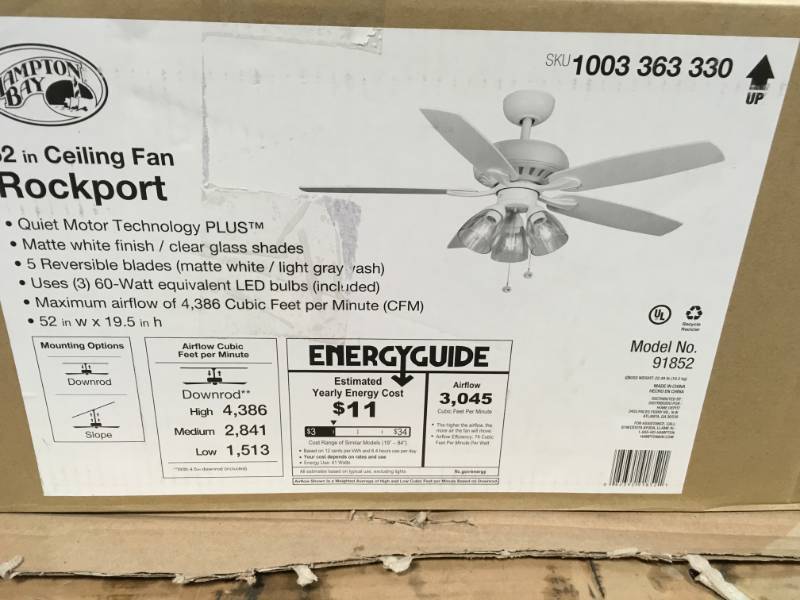 lot 117 image: Hampton Bay Rockport 52 in. LED Matte White LED Ceiling Fan with Light kit- not used