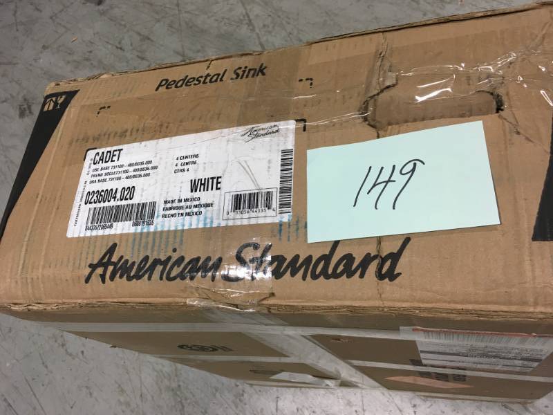 lot 149 image: American Standard Cadet 6 in. Pedestal Sink Basin with 4 in. Faucet Centers in White- good condition