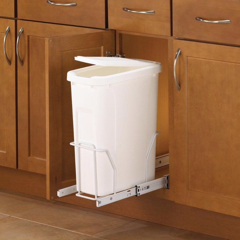 lot 109 image: Real Solutions for Real Life 17 in. H x 8 in. W x 20 in. D Steel In-Cabinet 20 Qt. Single Pull-Out Trash Can in White- open box