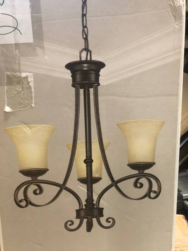 lot 2 image: Essex 3-Light Aged Black Chandelier with Tea Stained Glass Shades
