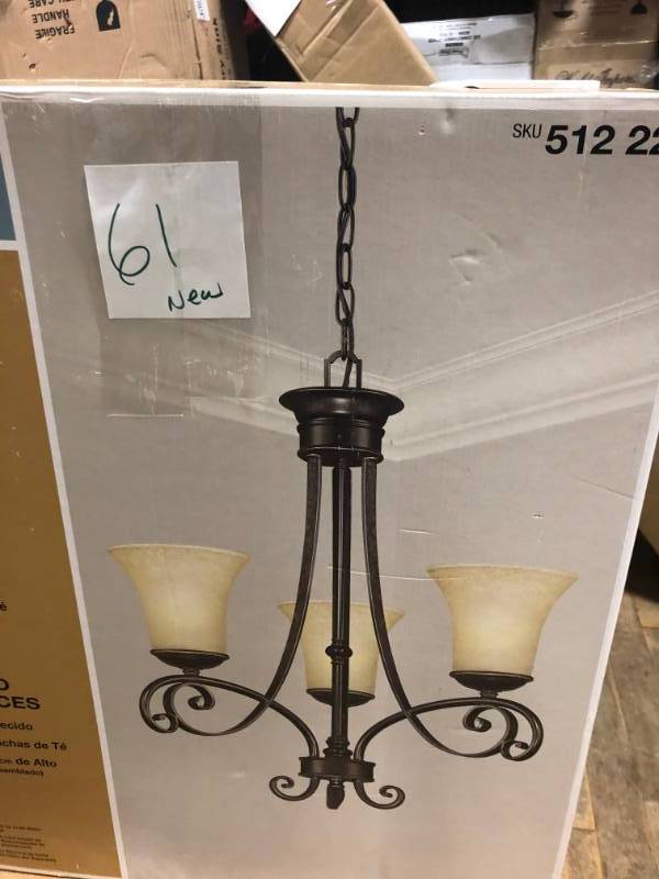 lot 61 image: Essex 3-Light Aged Black Chandelier with Tea Stained Glass Shades