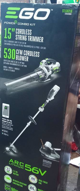 lot 162 image: EGO brand combo kit model # ST1502LB, 15 Cordless String Trimmer &, 530 CFM Cordless 56V not used