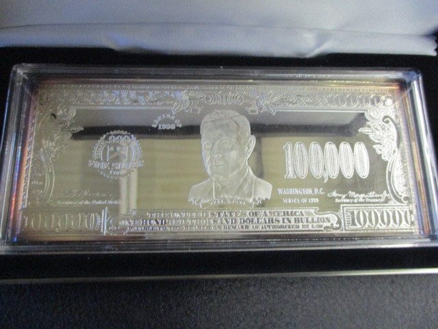 lot 12 image: Washington Mint 1998 4 oz Silver $100,000 Federal Reserve Note wCOA. .999 Pure Silver