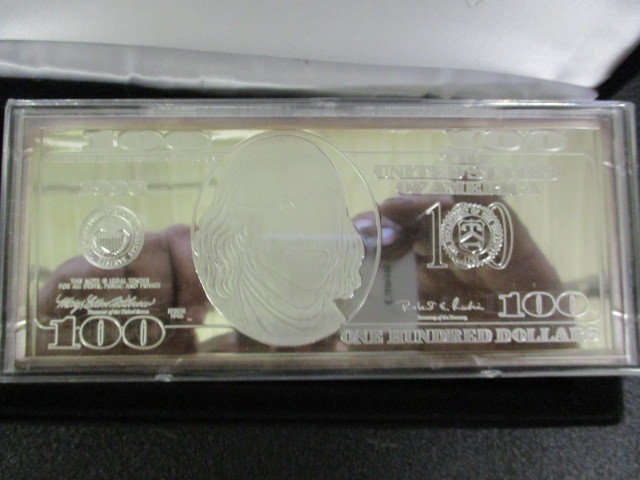 lot 14 image: Washington Mint 1996 4 oz Silver NEW US Franklin $100 Bill wCOA. .999 Pure Silver
