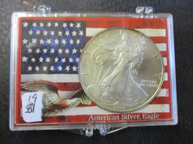lot 19 image: 1997 American Silver Eagle Proof in American Flag Display box