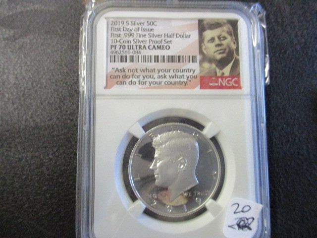 lot 20 image: 2019 NGC First Day of Issue PF70 Ultra Cameo John F Jennedy Half Dollar- Ask not what your countrycan do for you,ask what you can do for your Country