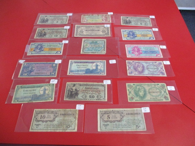 lot 30 image: Lot of (17) Stock coupons & US Military Payment & Foreign Military payment coupons