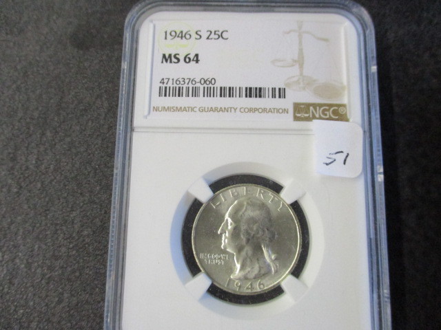 lot 51 image: 1946S NGC MS64 Silver Washington Quarter