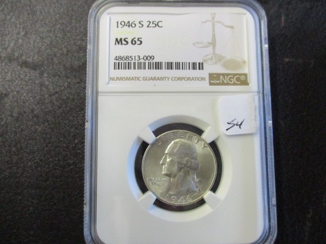 lot 54 image: 1946S NGC MS65 Silver Washington Quarter