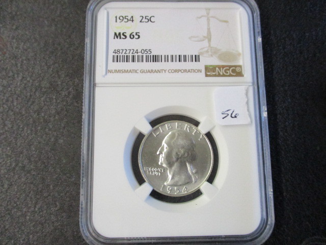 lot 56 image: 1954 NGC MS65 Silver Washington Quarter