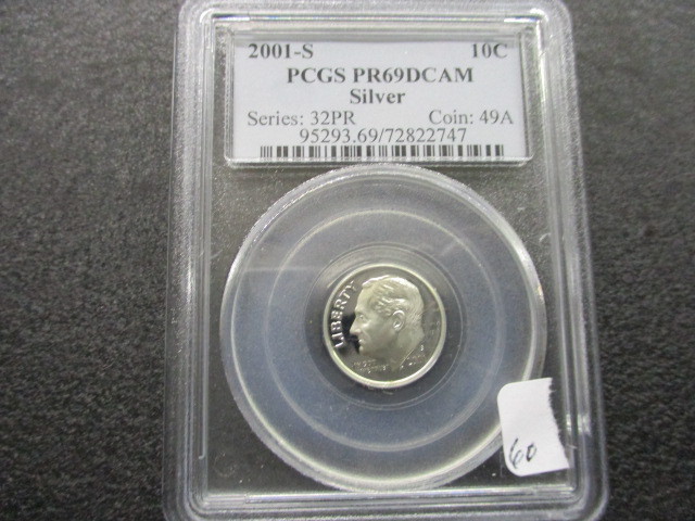 lot 60 image: 2001-S PCGS PR69 DCAM Silver Roosevelt Dime