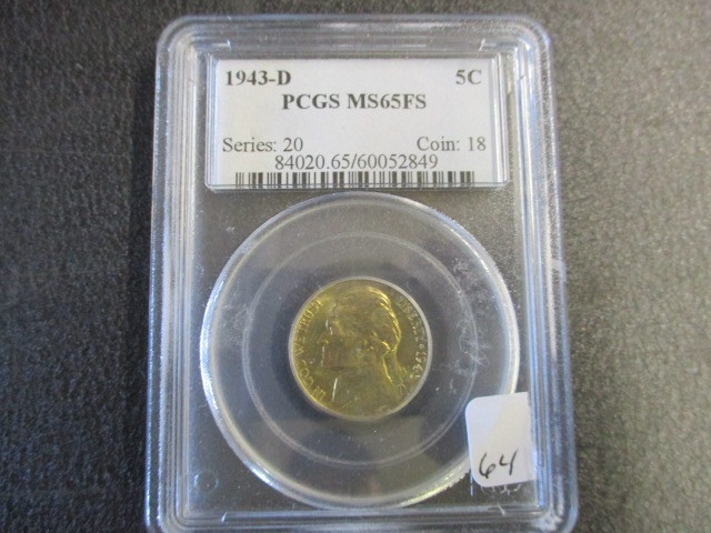 lot 64 image: 1943-D PCGS MS65FS Jefferson Silver War Nickel- Rare Full Steps, 35% silver