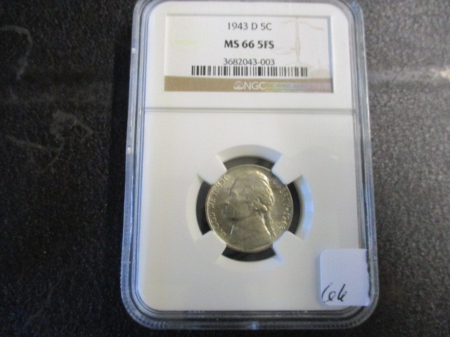 lot 66 image: 1943-D NGC MS665FS Jefferson Silver War Nickel- 35% silver