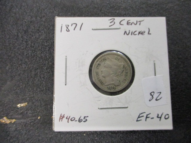lot 82 image: 1871 EF-40 3-Cent Nickel