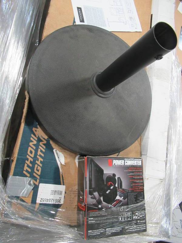 lot 221 image: MIXED WHOLESALE PALLET OF MISCELLANEOUS BUILDING MATERIALS FROM RETAIL STORE REMODEL - UMBRELLA STANDS AND MORE.