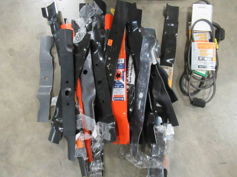 lot 222 image: MIXED WHOLESALE PALLET OF MISCELLANEOUS BUILDING MATERIALS FROM RETAIL STORE REMODEL - MISCELLANEOUS LAWN MOWER BLADES, WEED WHIP BUMP HEADS AND MORE