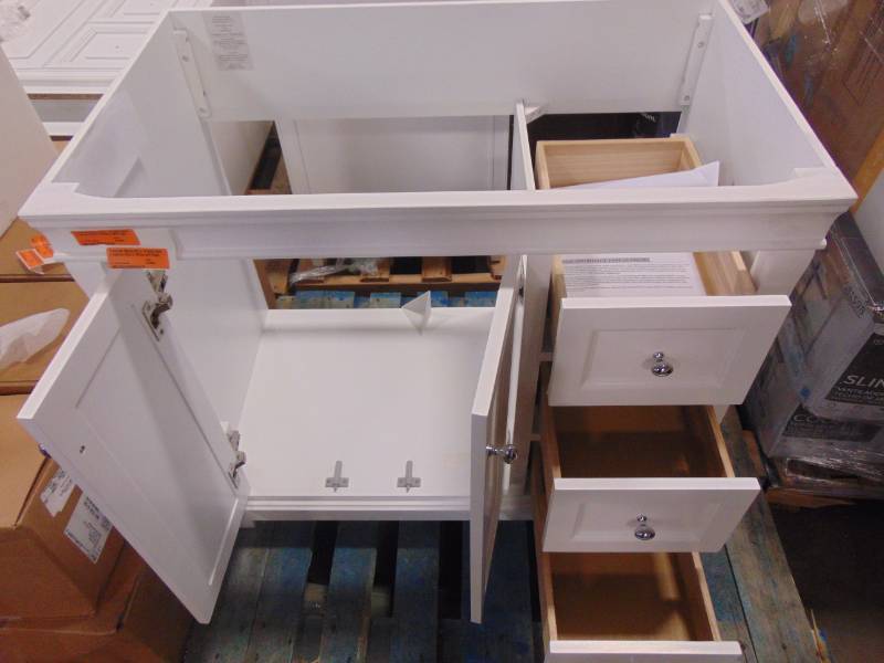 lot 27 image: Foremost Naples 36 in. W Bath Vanity Cabinet Only in White with Right Hand Drawers NAWA3621D