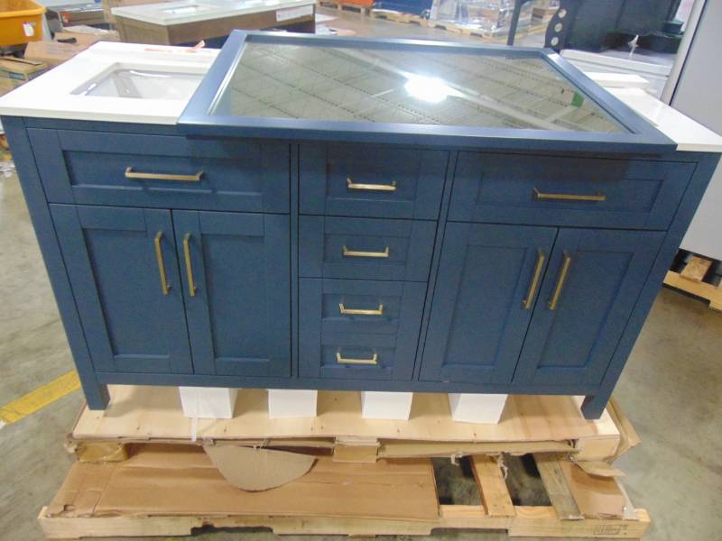 lot 50 image: Ove Decors Tahoe 72 in. W Bath Vanity in Midnight Blue with Cultured Stone Vanity Top in White with White Basins and Mirrors KC-TAHO72-045UL