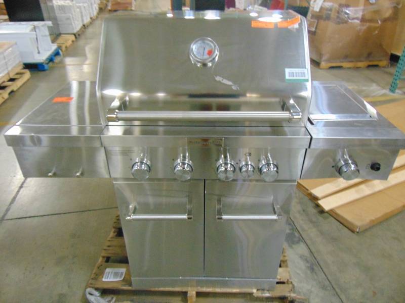 lot 65A image: KitchenAid 4-Burner Propane Gas Grill in Stainless Steel with Ceramic Searing Side Burner and Rotisserie Burner 720-0954