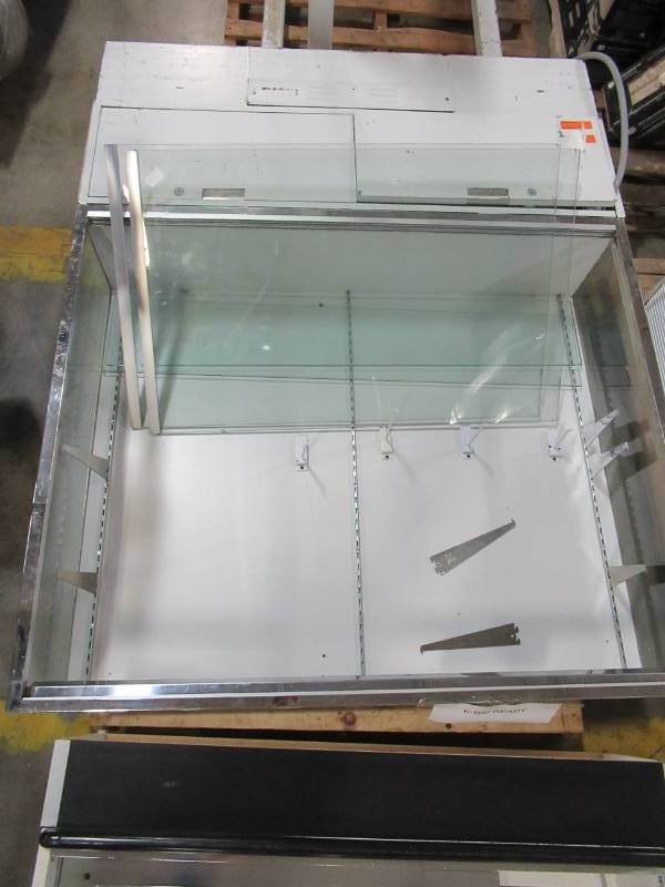 lot 258 image: WIRED STANDING TALL RETAIL DISPLAY CABINET WITH DOUBLE STORAGE DRAWERS - Missing Lighted Canopy and Key for Drawer locks.