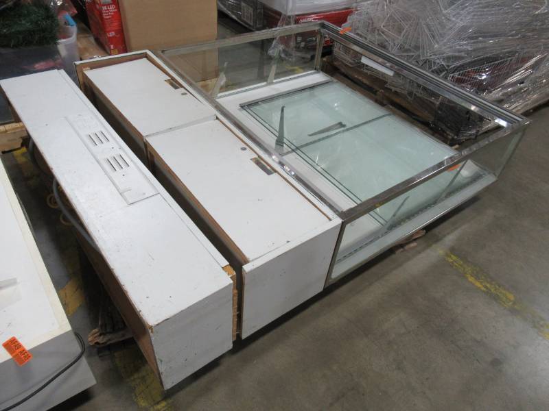 lot 259 image: WIRED STANDING TALL RETAIL DISPLAY CABINET WITH DOUBLE STORAGE DRAWERS - Missing Lighted Canopy, 2 Interior Adjustable Shelves and Key for Drawer locks Loose Base and drawers.